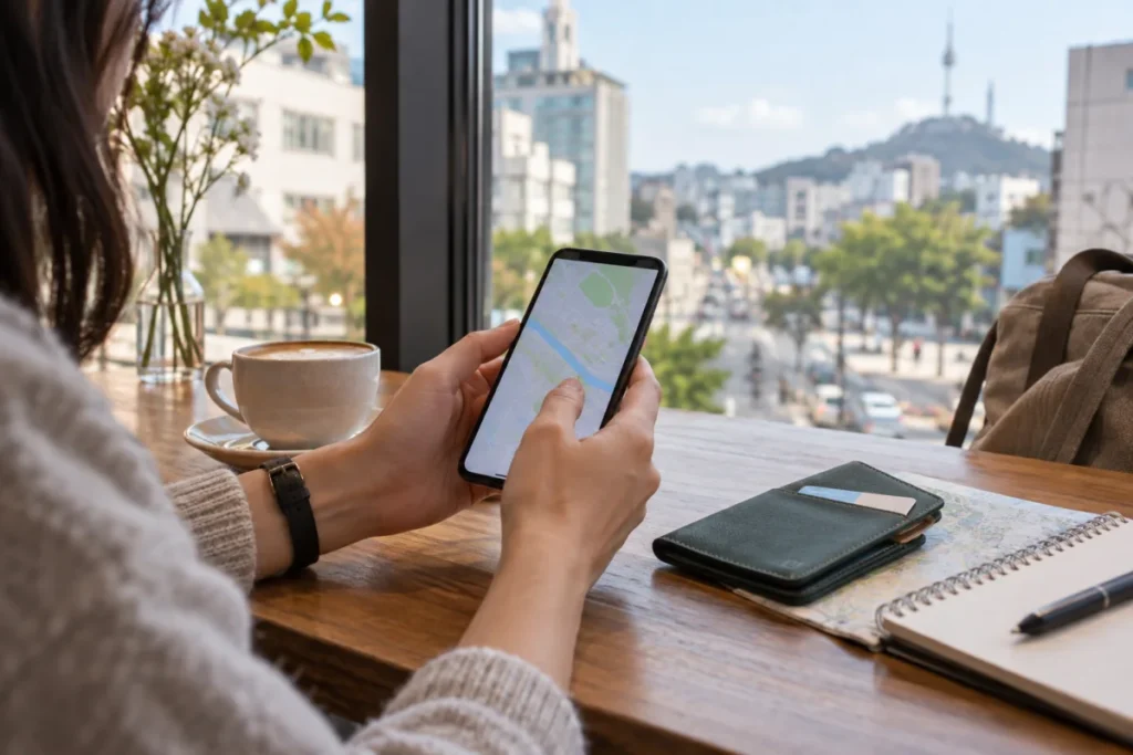 Photoreal editorial scene of a traveler using a smartphone for trip planning in a Seoul cafe