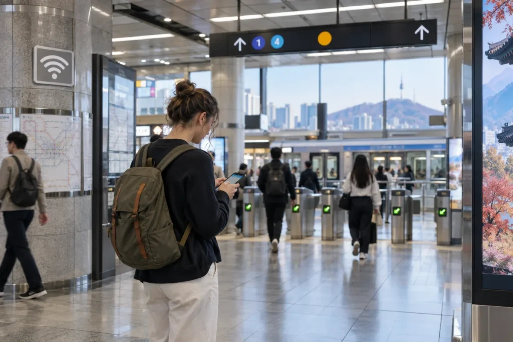 Traveler using a smartphone in a modern Seoul transit station