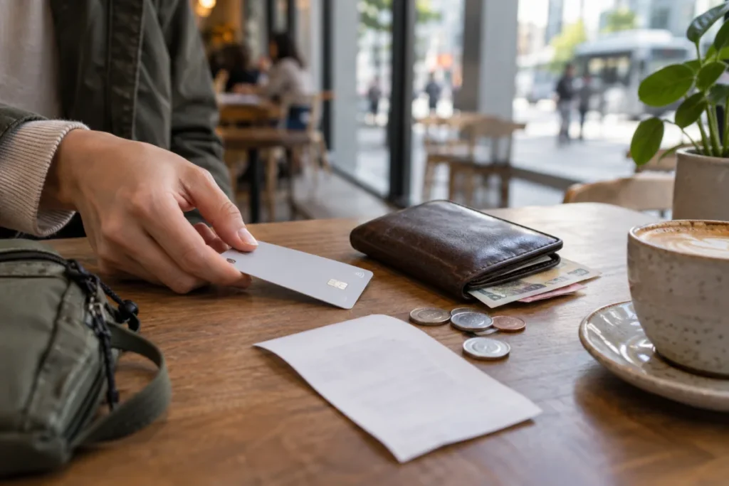 Photoreal editorial scene of a traveler using a payment card beside a wallet and Korean currency