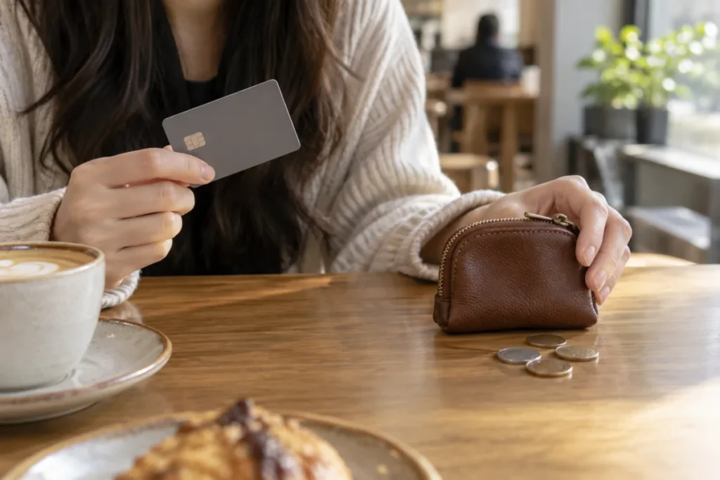 Photoreal editorial scene of a traveler choosing between a payment card and Korean won coins in a Seoul cafe