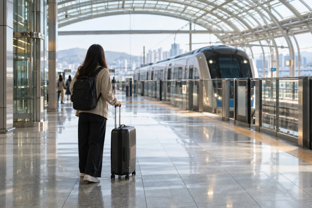 Photoreal editorial scene of a traveler with luggage approaching an airport rail platform