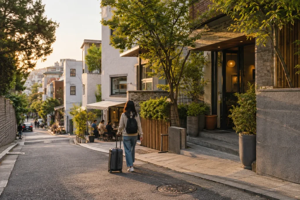 Photoreal editorial scene of a traveler with luggage walking through a Seoul neighborhood