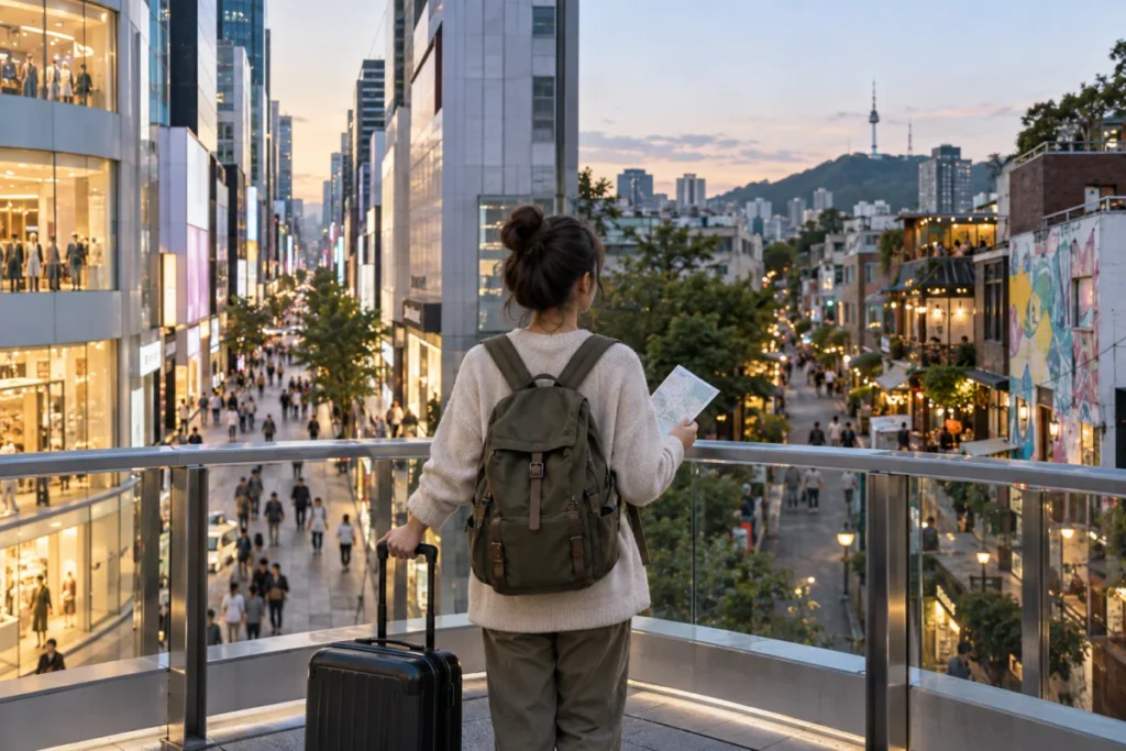 Photoreal editorial comparison of Myeongdong and Hongdae streets in Seoul