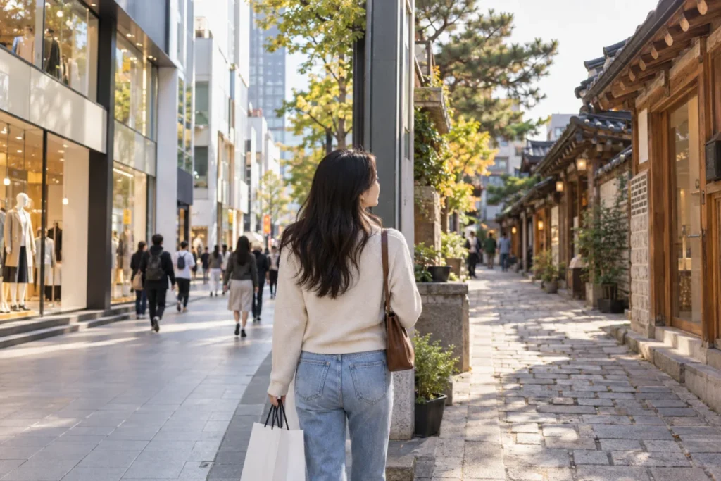Photoreal editorial scene of travelers shopping on a Seoul retail street
