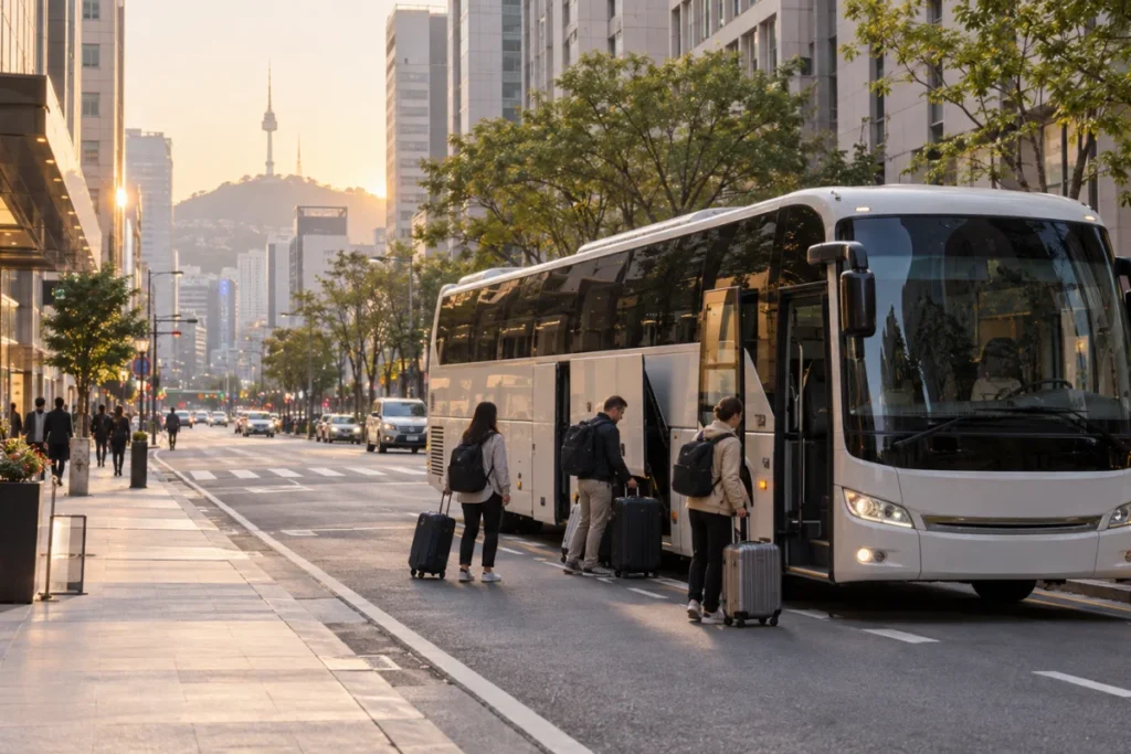 Travelers boarding an airport coach in central Seoul