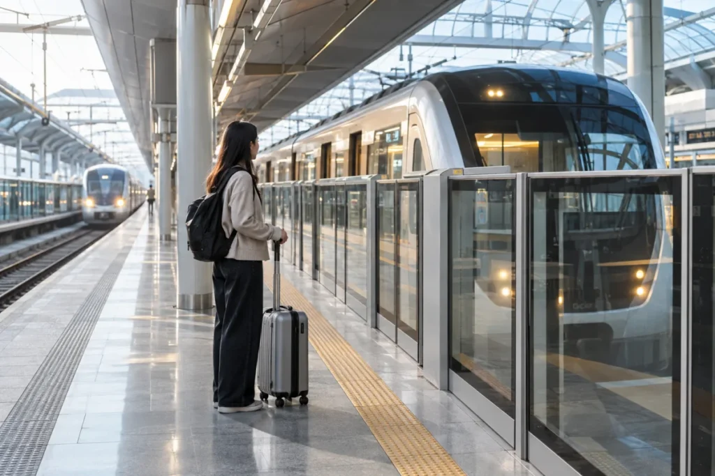 Photoreal editorial scene of a traveler with luggage waiting beside airport trains on a platform