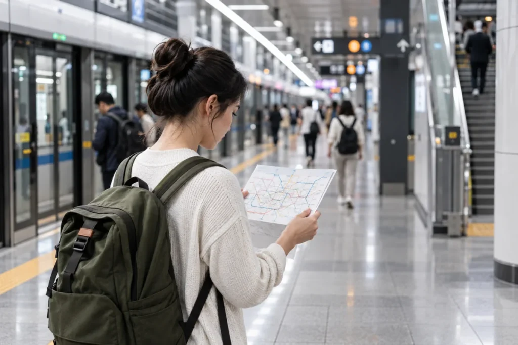 Photoreal editorial scene of a traveler tapping a transit card at a Seoul subway gate
