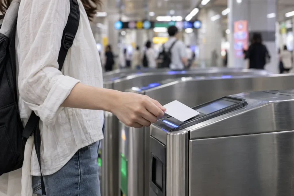 Photoreal editorial close scene of a traveler using a stored-value transit card in Seoul