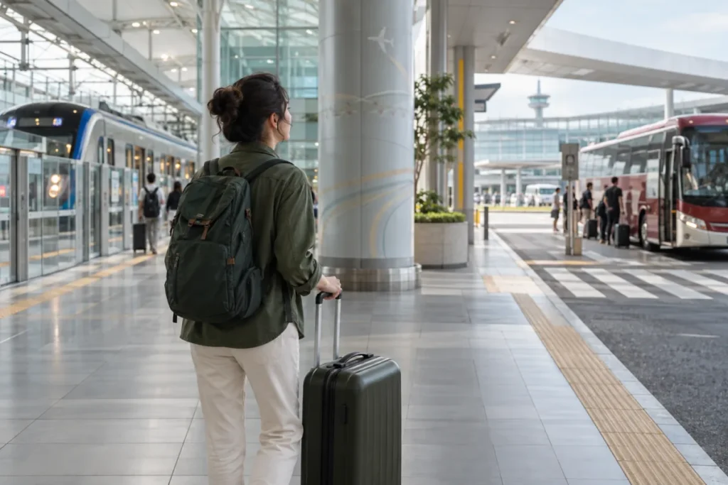 Traveler comparing airport rail and coach options at Incheon Airport