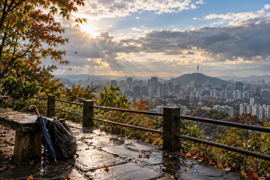 Photoreal editorial scene of the Seoul skyline after rain with an umbrella on a wet overlook