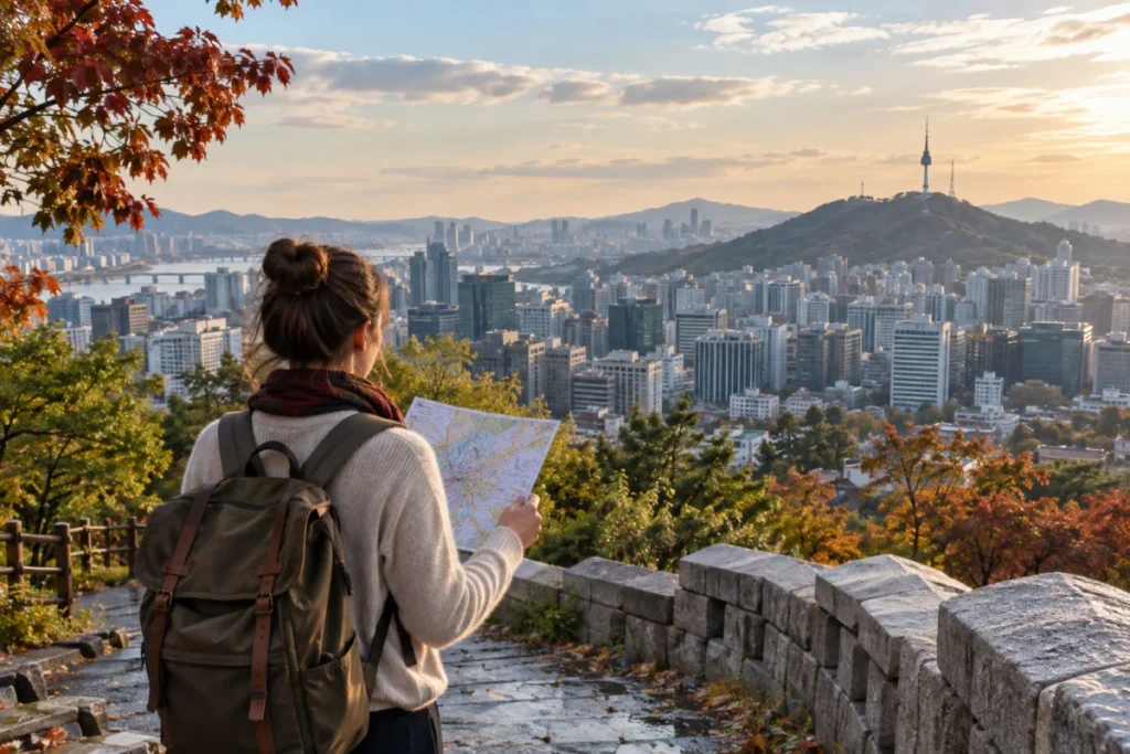 Photoreal editorial panorama showing Seoul across different seasonal conditions
